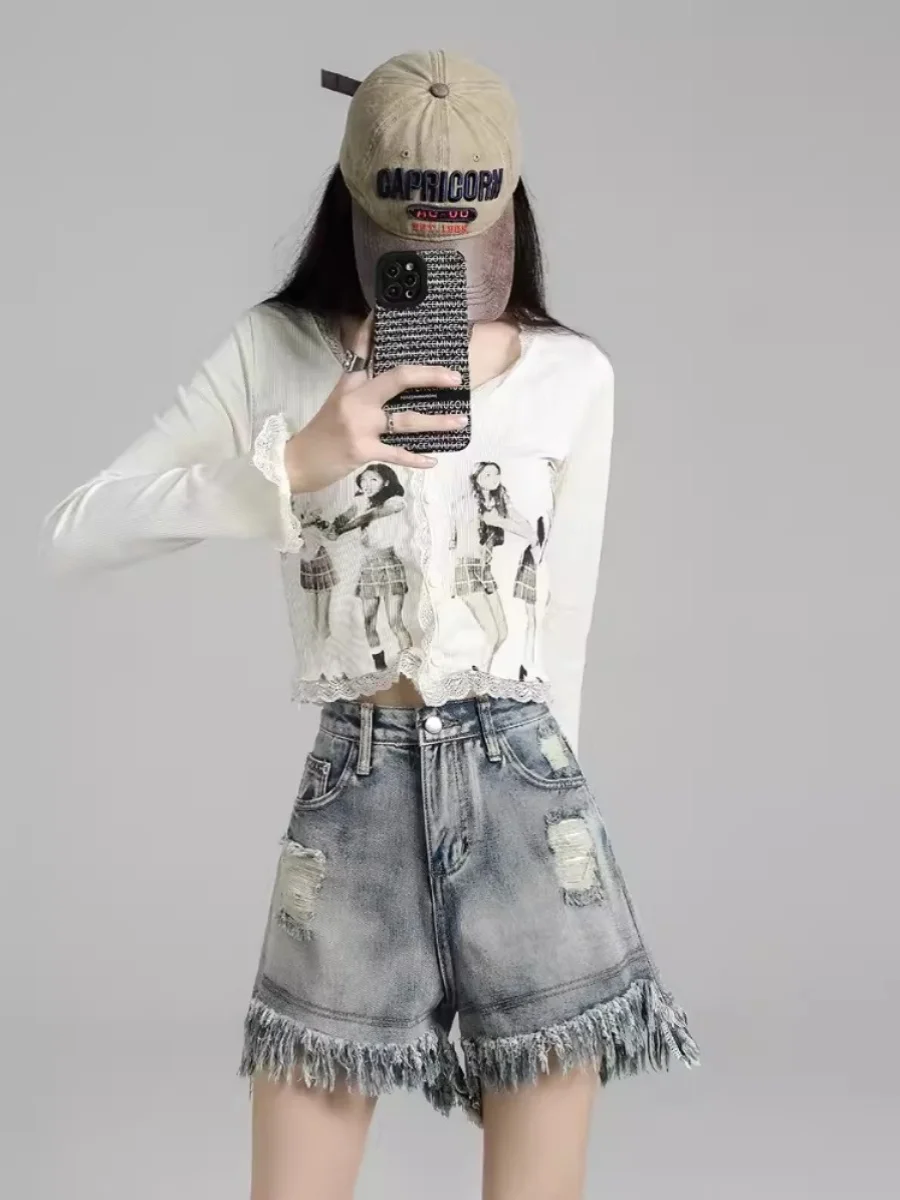 

American Retro Hole Denim Shorts Women Summer High Waist Large Size Loose Slim Tassel Wide Leg Pants Casual Fashion
