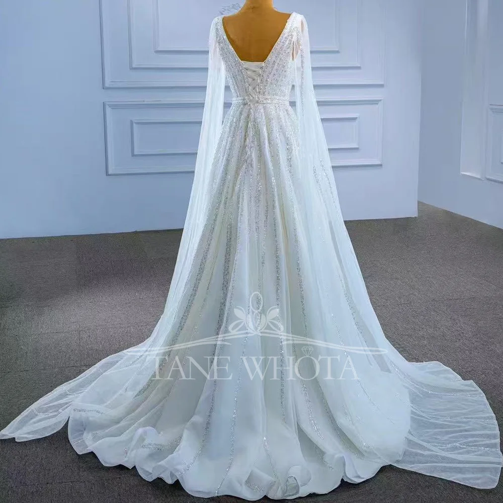 V넥 롱 슬리브 레이스업 백 시퀸 웨딩드레스 2025 스타일 섹시 브라이덜 가운 맞춤 제작 가능 베스티도 노비아