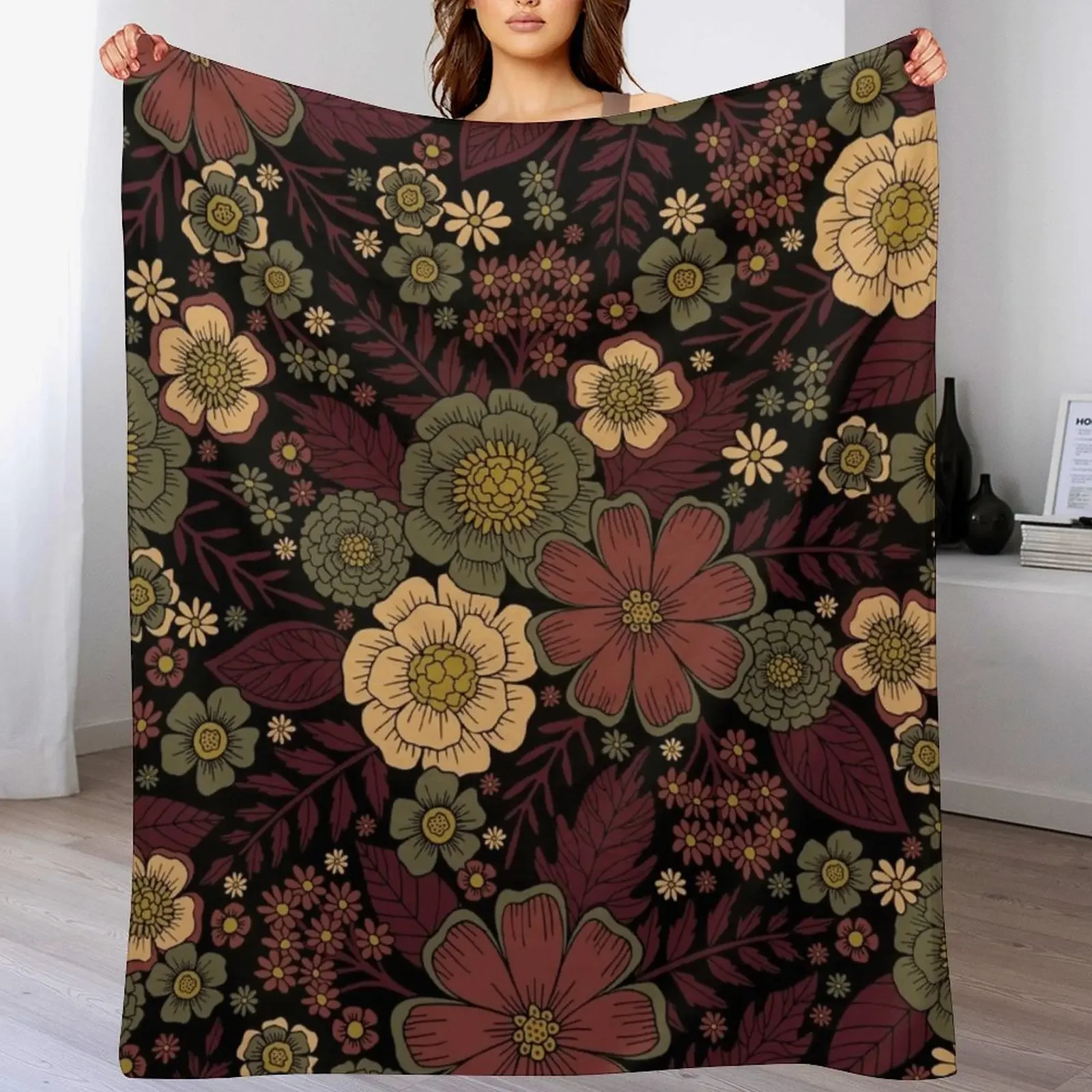 Elegante manta con estampado floral de color burdeos, crema y verde salvia, sofás, sofá decorativo, mantas grandes y suaves