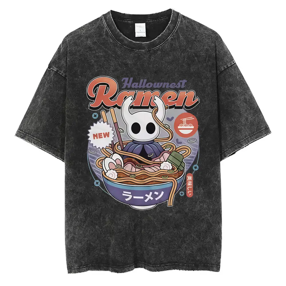 Washed Vintage Game Hollow Knight Ramen Graphic T-shirt Men Women Casual Oversized Cotton T-shirts Male Fashion Cartoon T Shirt
