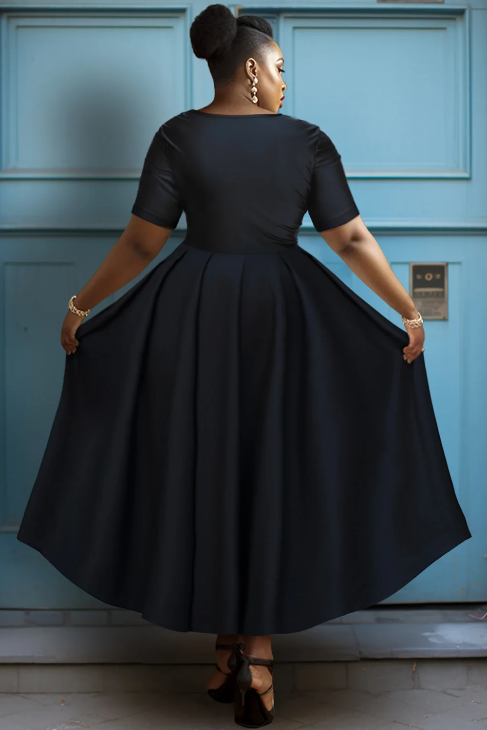 Plus Size Elegant Semi Formal dress Black Round Neck A-Line Short Sleeve Midi Dresses