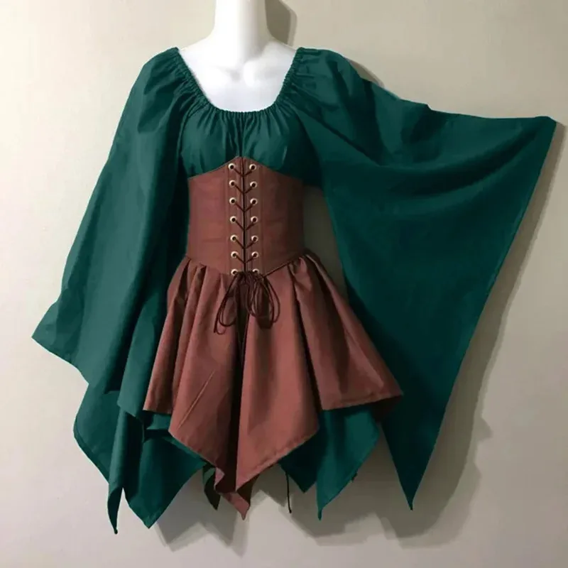 Renaissance Vintage Palace Victoria Medieval Costume Women Halloween Cosplay Full Sleeve Waist Bandage Ptachwork Dress Party