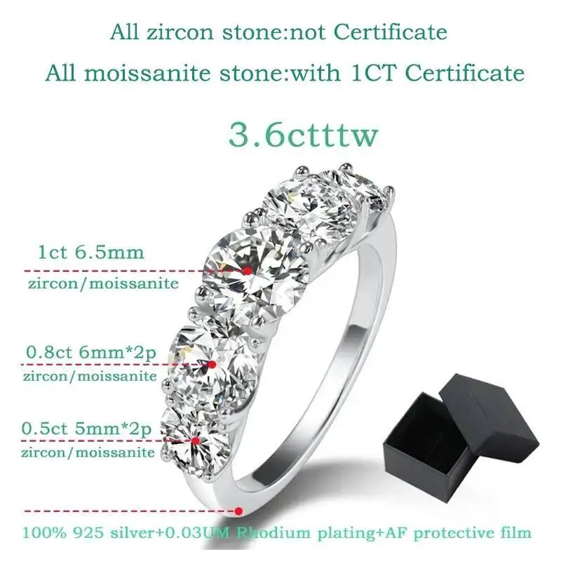 3.6CT جميع خواتم مويسانيتي للنساء 5 أحجار متألقة ضياء خاتم الزواج 100% مجوهرات من الفضة الاسترليني