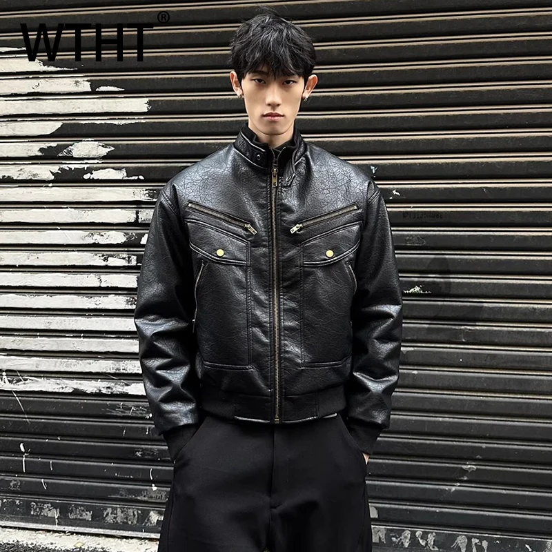 

Мужские кожаные куртки WTHT: однотонные, с эффектом состаривания, модные, весна 2026, в стиле High Street, с воротником-стойкой, модель 2A2681