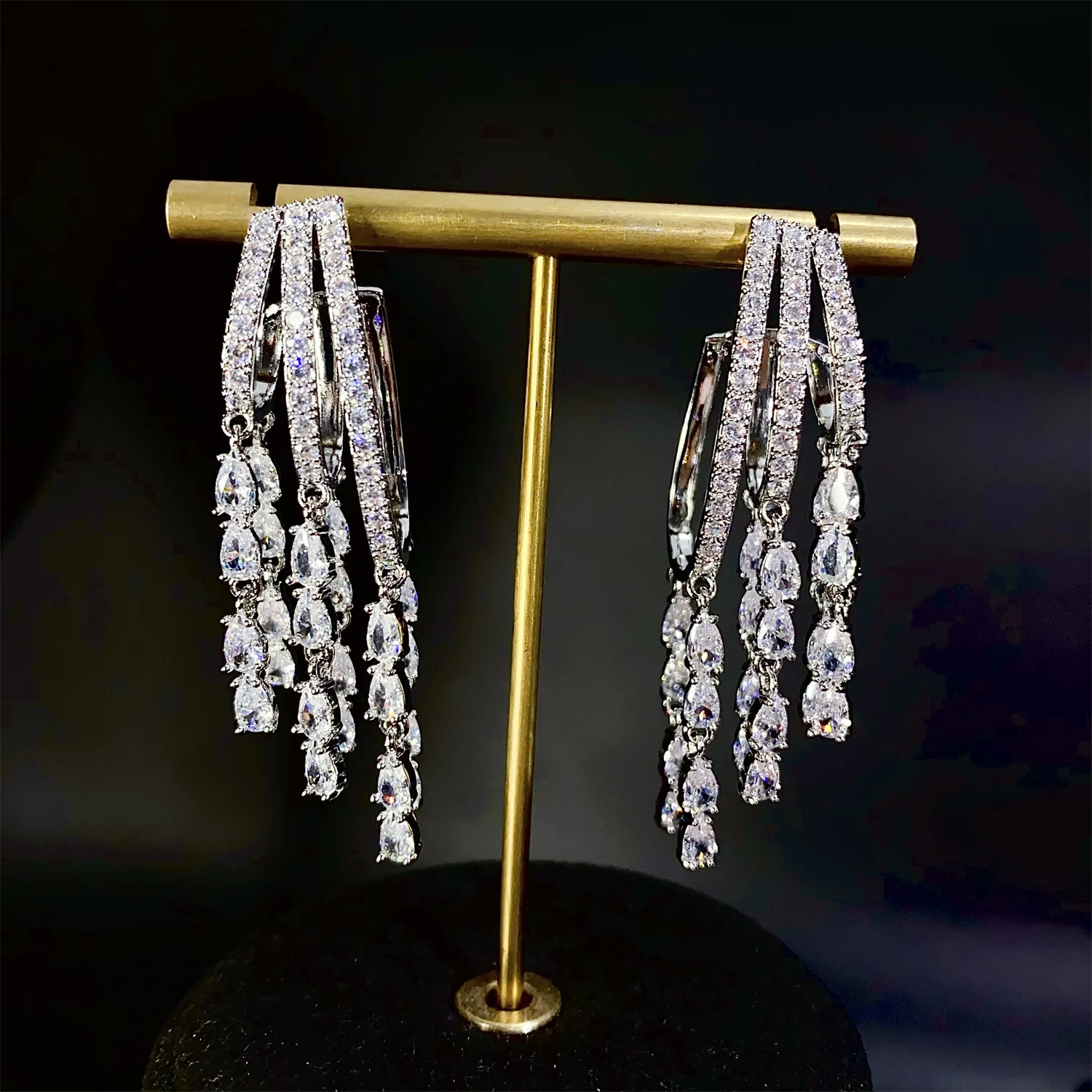 

luxury earrings large C shape water drop tassel pink purple white crystal shiny jewelry wedding dinner party women earrings