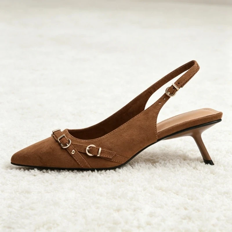 

Retro Brown Faux Suede Slingback Heels Women Fashion Buckle Decorative Stiletto Sandals Elegant Pointed Toe Brand Designer Shoes
