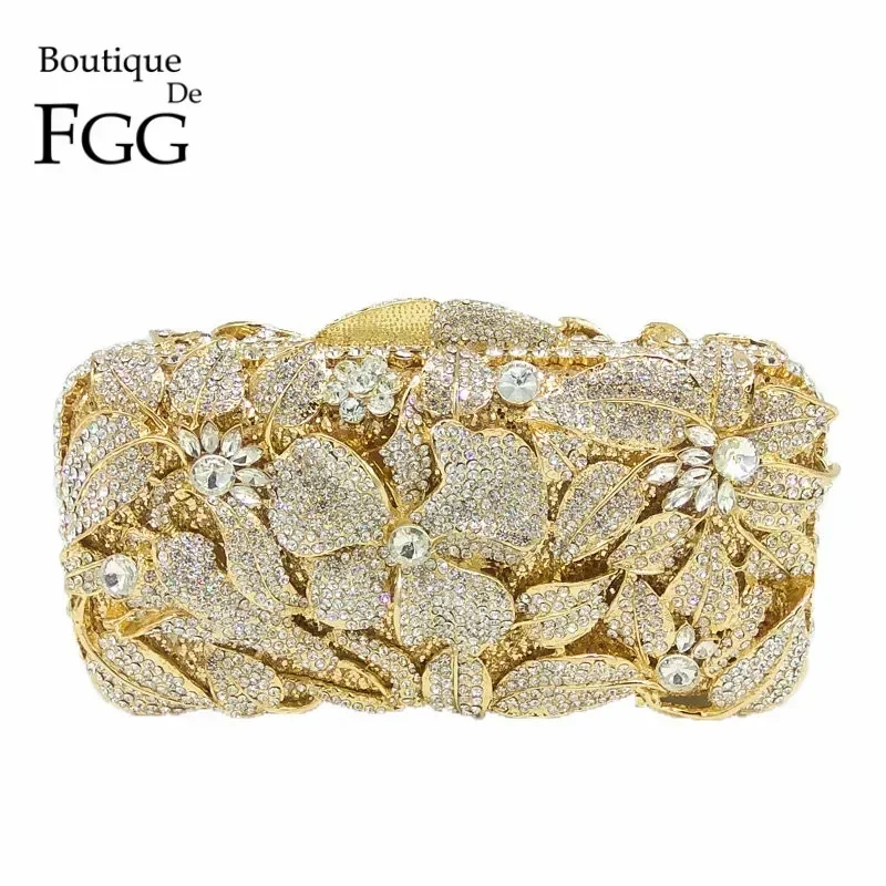 

Boutique De FGG (in stock) Women Gold Flower Clutch Purses Formal Evening Handbags Floral Minaudiere Bag Crystal Clutch Bag