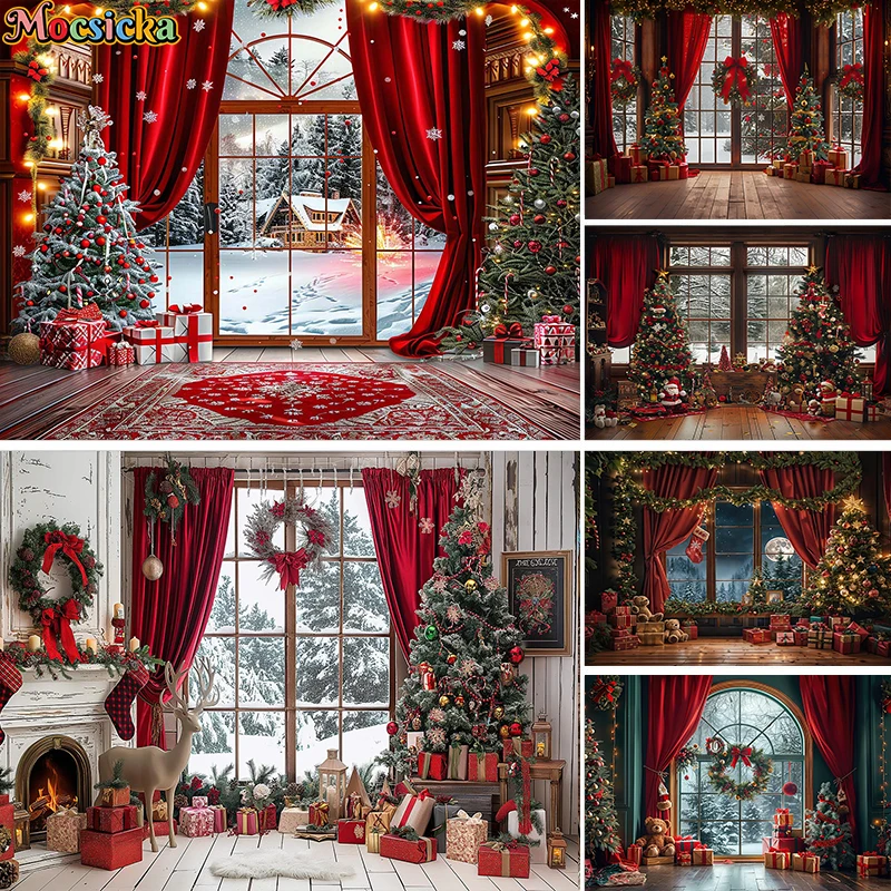 Mocsicka Photography Background Winter Christmas Window Gifts Xmas Tree Kids Family Holiday Portrait Decor Backdrop Photo Studio