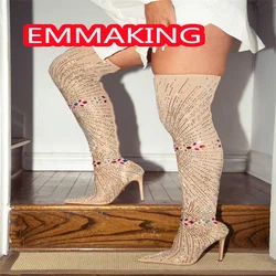 Elastic Lycra Diamonds Summer Fashion Runway Boots 2024 Women Rhinestone Ponted Toe Ladies Party Slim Thingh High Boots