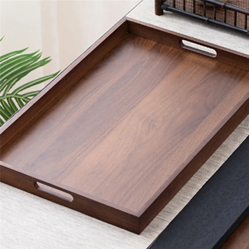 B08B-Tea Tray Display Plate Bamboo Wood Large Size Rectangular Walnut Color Cup Storage Handle For Home Use Japanese Tea Set