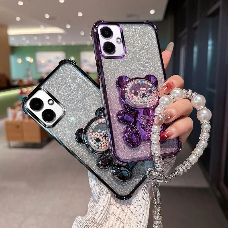 Cute Bear Cartoon Holder Pearl lanyard Strap Shockproof Glitter Phone Case For Samsung Galaxy A07 A06 A05 A04e A04 Back Cover