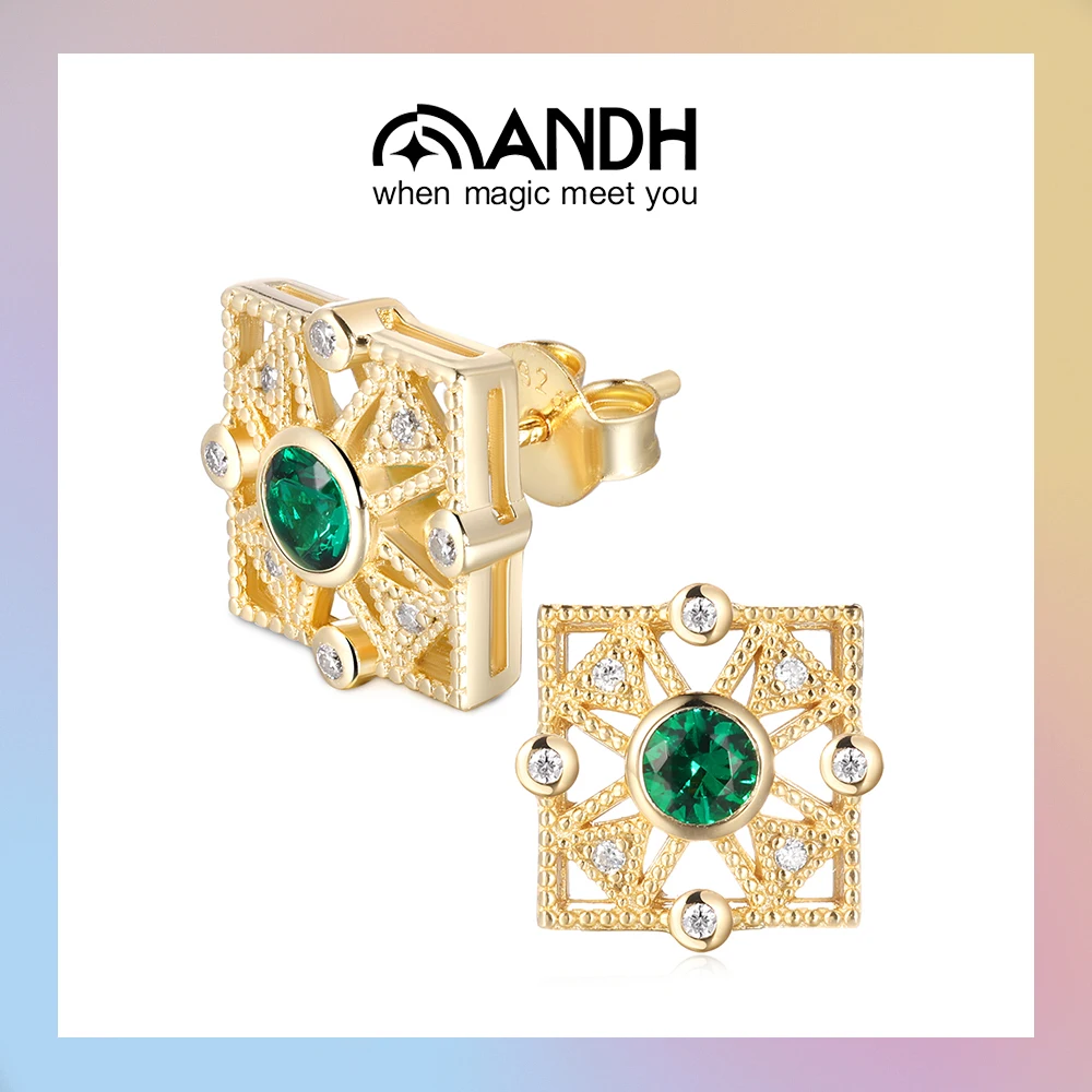 

ANDH 14K Yellow Gold Plated Vintage Emeralds Moissanite Stud Earrings for Women Laboratory Gemstone Wedding Party Jewelry Gifts