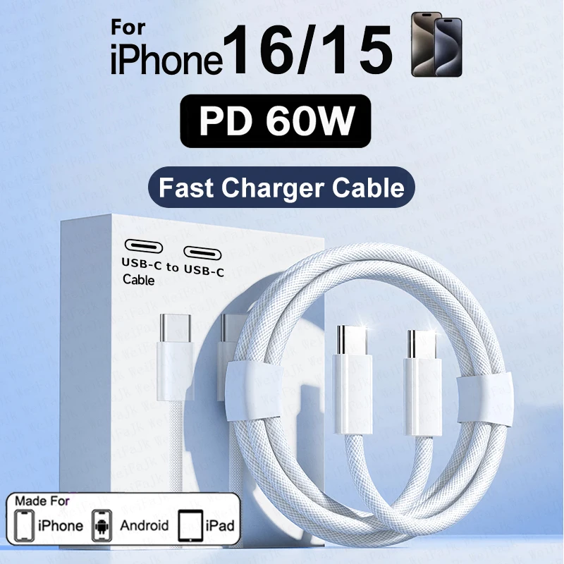 Original PD 60W Quick Charger 6A USB C to Type C Cable For Apple iPhone 15 16 Pro MAX Fast Charging For Samsung S24 Xiaomi Cable