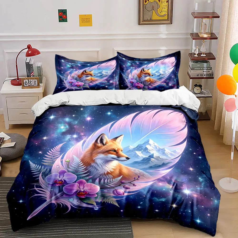 Fox Feather Purple Flowers Mountain Galaxy Print Bedding Set 1 Duvet Cover 2 Pillowcases for Adult and Children Luxury Gift