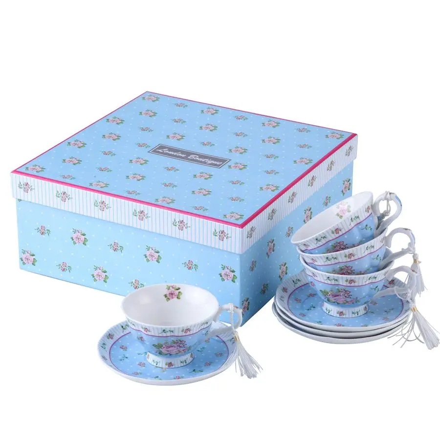 

Coffee Tea Cup and Saucer Set 4 Shabby Chic Vintage Porcelain Bird Butterfly Flora Gift Box 7.5OZ Rose Blue