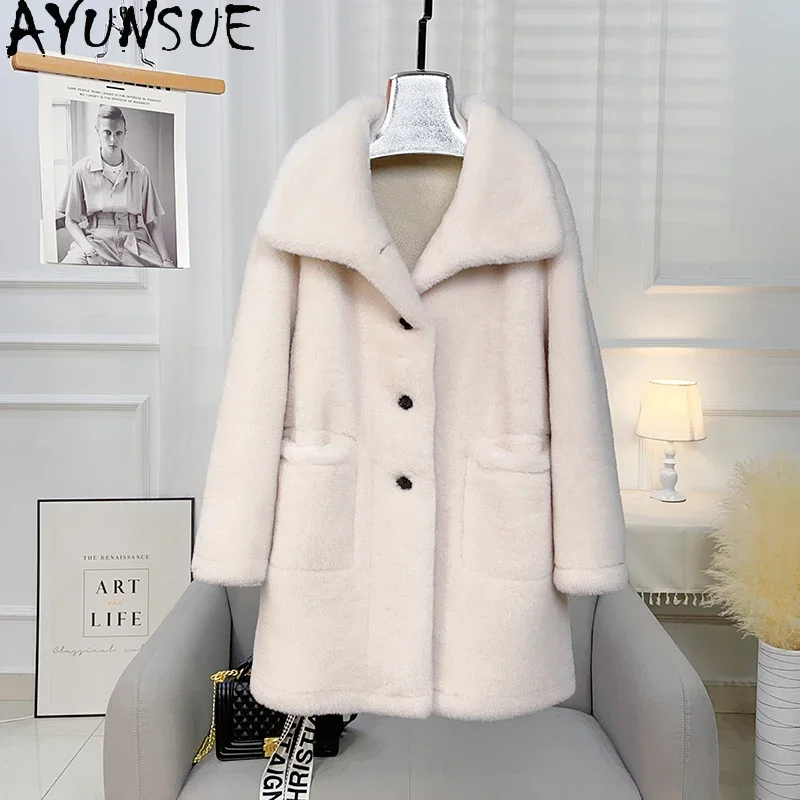 AYUNSUE Granular Lamb Wool Coats for Women 2023 Fall Winter Mid-length Sheep Shearing Jacket Stand Collar Single-breasted Abrigo