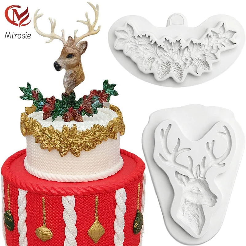 

Mirosie New Christmas Silicone Mold Elk Head Pine Cone Leaf Silicone Mold Chocolate Cake Decoration Fondant Mold Baking Tools