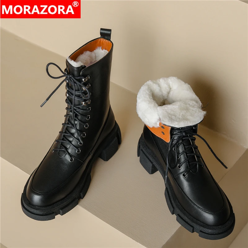 MORAZORA Plus Size 34-43 New Genuine Leather Boots Women Lace Up Thick Fur Snow Boots Fashion Warm Winter Ankle Boots Ladies