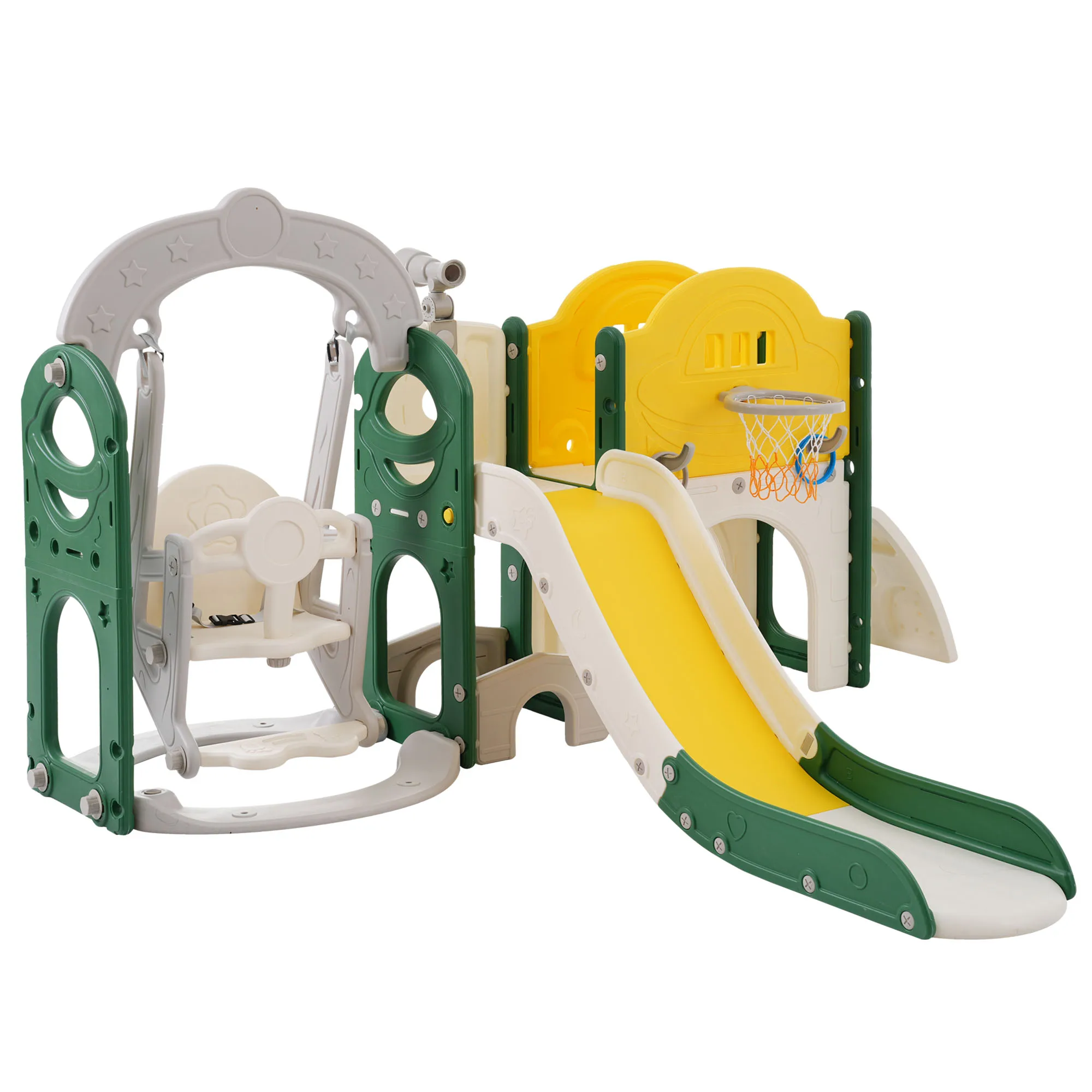 Set scivolo e altalena per bambini 7 in 1, Set da gioco per scalatore per parco giochi per bambini con combinazione autoportante per canestro da basket per Babi