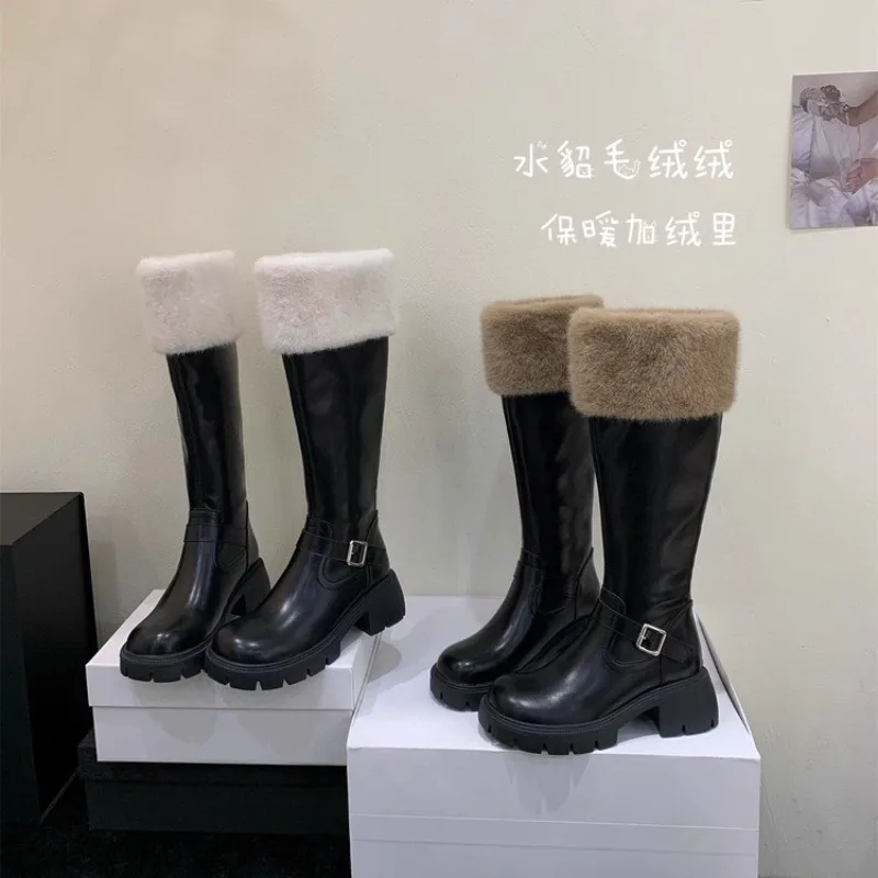 2025 Autumn and Winter New Velvet Non-knee Boots Women's Versatile Temperament Tall Knight Boots Fur All-in-one Snow Boots