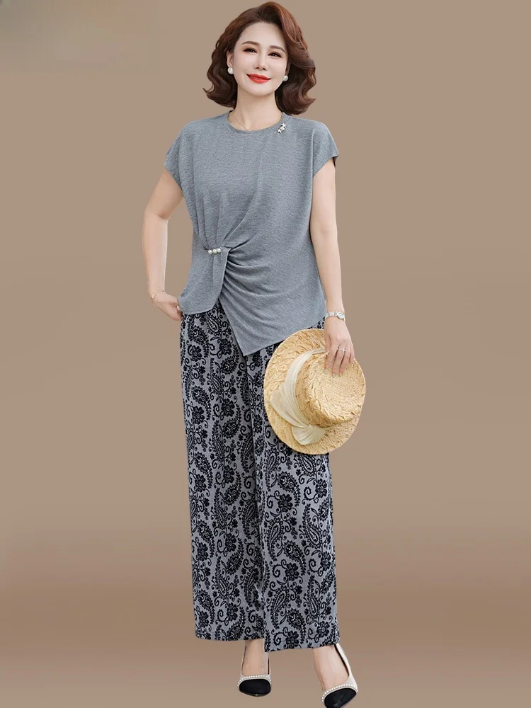

Summer Ice Silk Casual ort Sve T-irt Set for Mom Mid-aged And ly Women Faionable Loose Fit Nine-Piece Pants