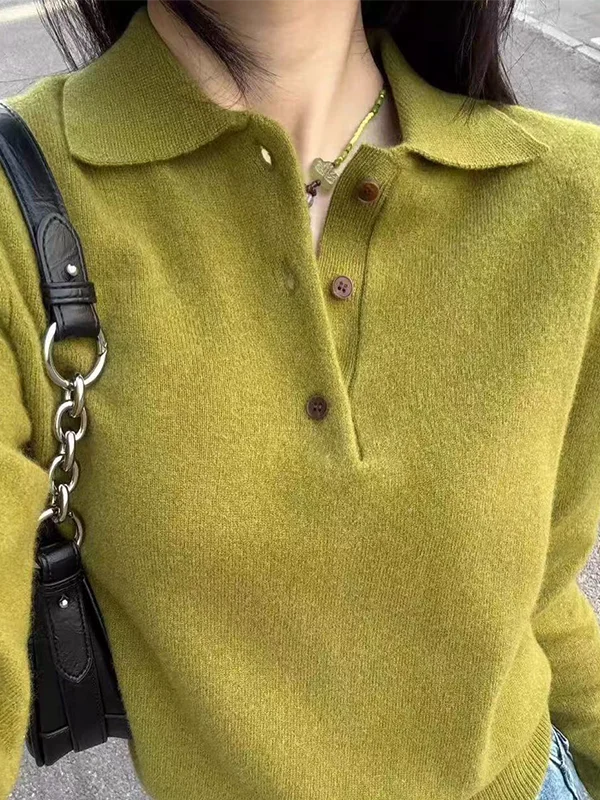 

Зеленый свитер из 100% чистого кашемира, женский осенне-зимний новый свитер-поло с плечами и воском, свободный свитер.