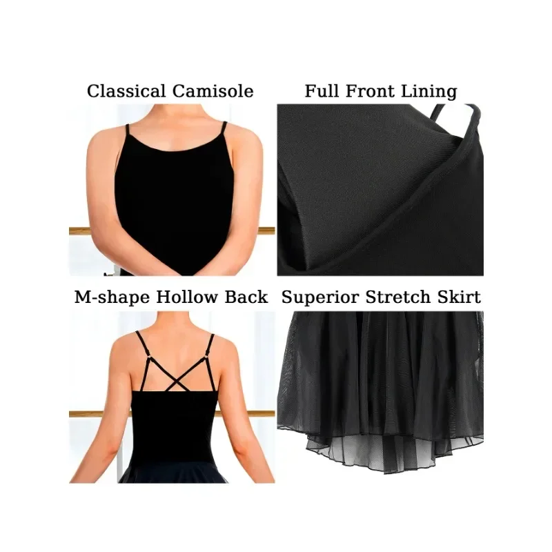 Women's Ballet Dance Leotard M-shape Hollow Back Mesh Skirt with Full Front Lining for Adult Dance performance
