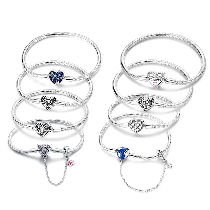 Nieuwe 925 Sterling Zilveren Hartvormige Zirkoon Snake Bone Armband Voor Vrouwen Mode Verjaardag Sieraden Cadeau