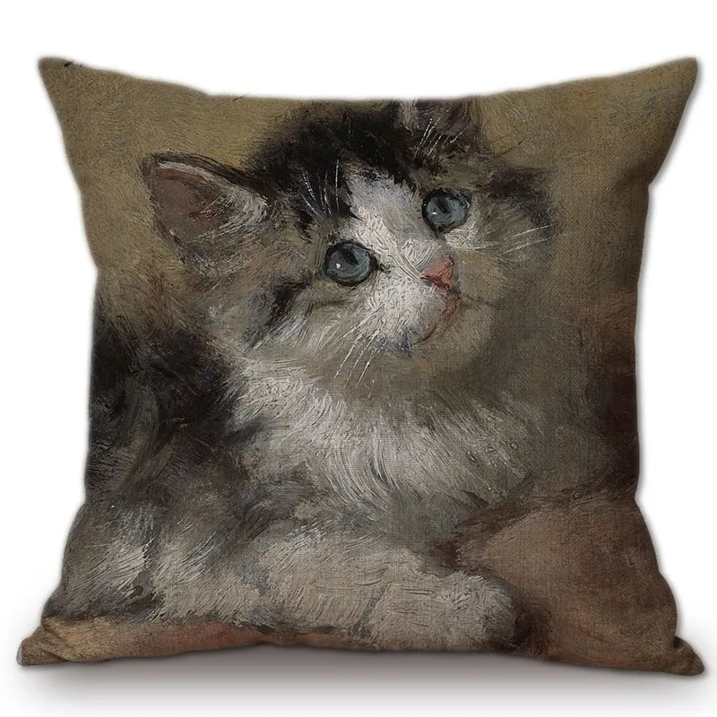 Oil Paint White Cat Kitten Decorative Pillow For Sofa Hand Drawing Cute Kitty Animal Print Home Decor Cushion Cover Pillow Cases