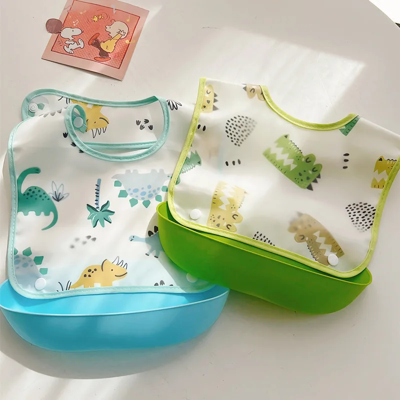 Baby Bibs EVA Plastic Waterproof Lunch Feeding Burp Cloths Cute Cartoon Detachable Rice Pocket Newborn Boys Girls Feeding Apron