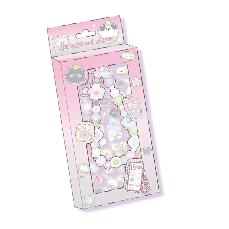 Y88B Decorative Sticker Phone Chain Charm Set Embossed PVC/PET Sticker for Scrapbooking Journal Laptop Phone Case Decoration