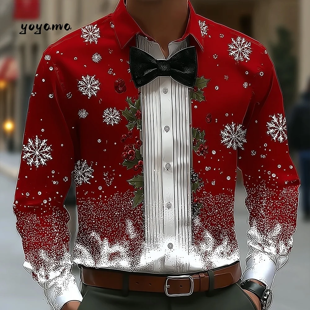 2025 Men's Christmas Snowflake Formal Shirt 3D Printed Tie Design Elegant Tuxedo Style Holiday Party Wedding Attire Spring Wear