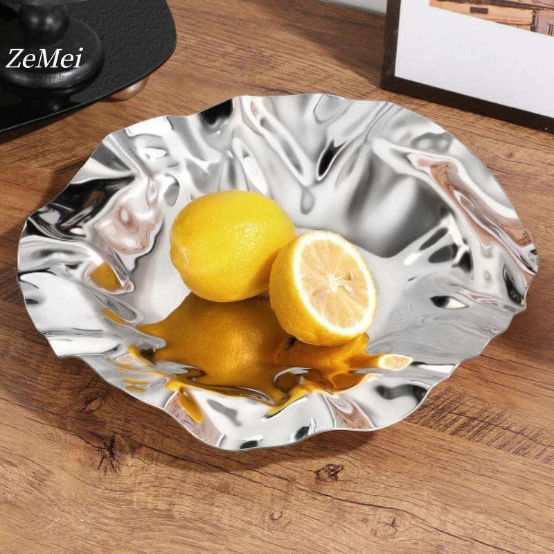 

European Style Circle Water Ripples Shape Fruit Plate,Silver Stainless Steel Plate Home Food Tray,Snack Disc Table Decoration