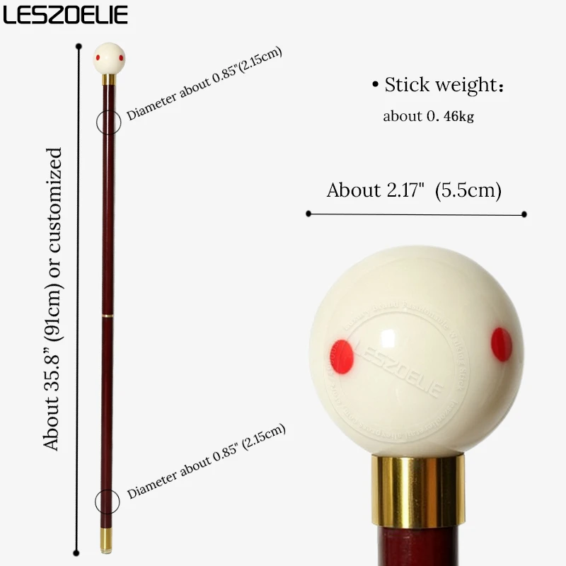 White Billiard Wood Walking Cane Cue Ball Handle With Red Dots Detachable Red Wooden Walking Stick Stick For Men And Women