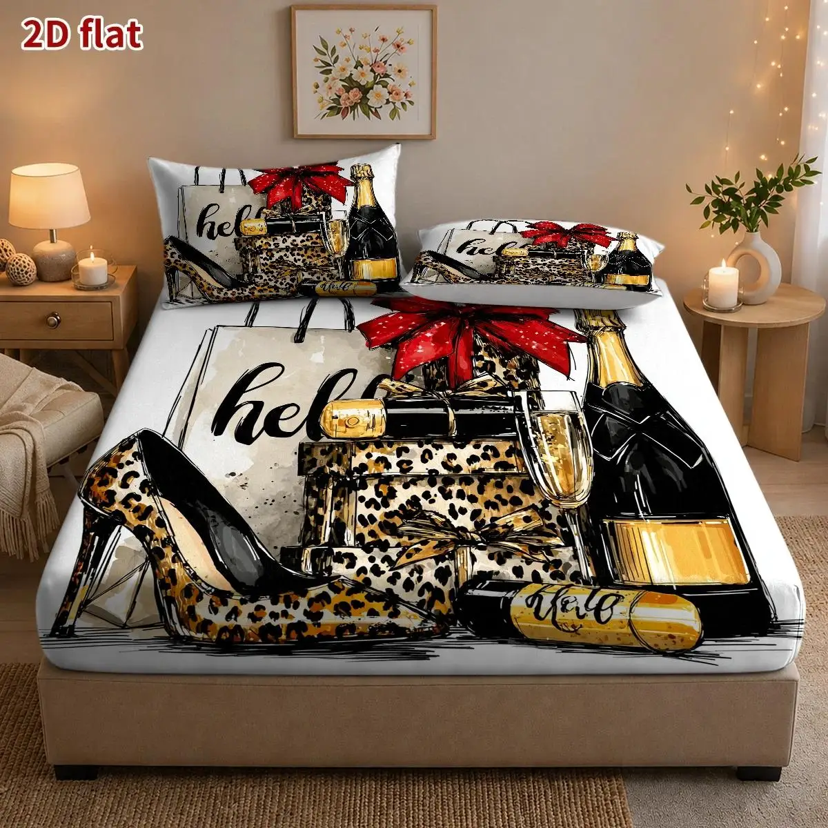 Diseño de moda con estampado de leopardo, estilo de ilustración dibujado a mano, juego de cama de tres piezas con estampado digital 2D (incluye 1 sábana ajustable + 2 fundas de almohada), protector de colchón, estilo de sábana ajustable, funda elástica, protector de colchón, imprescindible para crear ambiente, apto para todas las estaciones, diseño lavable a máquina, decoración navideña, varios tamaños, protector transpirable con funda de almohada
