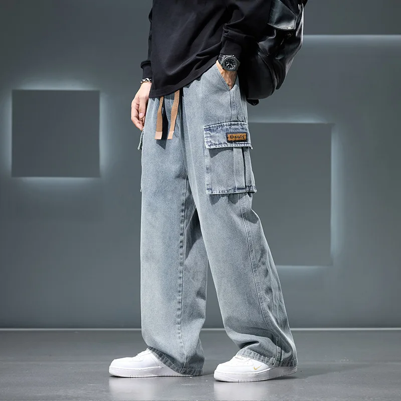 8XL جينز جديد واسع الساق غسل السراويل الرجال السراويل محايد بلون فضفاض عادية الكورية موضة جيب حجم كبير البضائع بانت #3