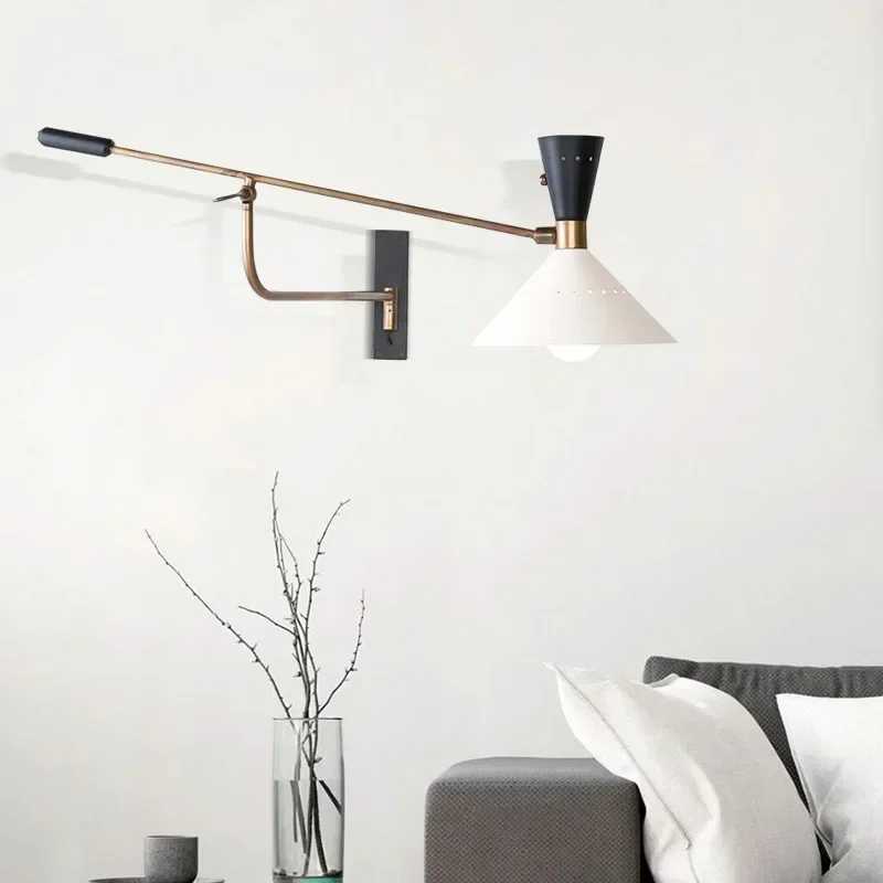 American Long Arm Wall Light Bedroom Sconce Adjustable Study Reading Lamp E27 Gold White Black Metal 110-220V Surface Mount