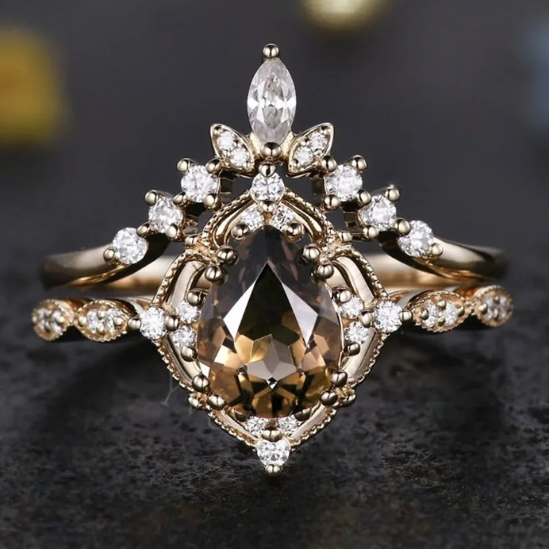 New European and American retro style champagne zircon inlaid luxury two-piece women\'s ring set