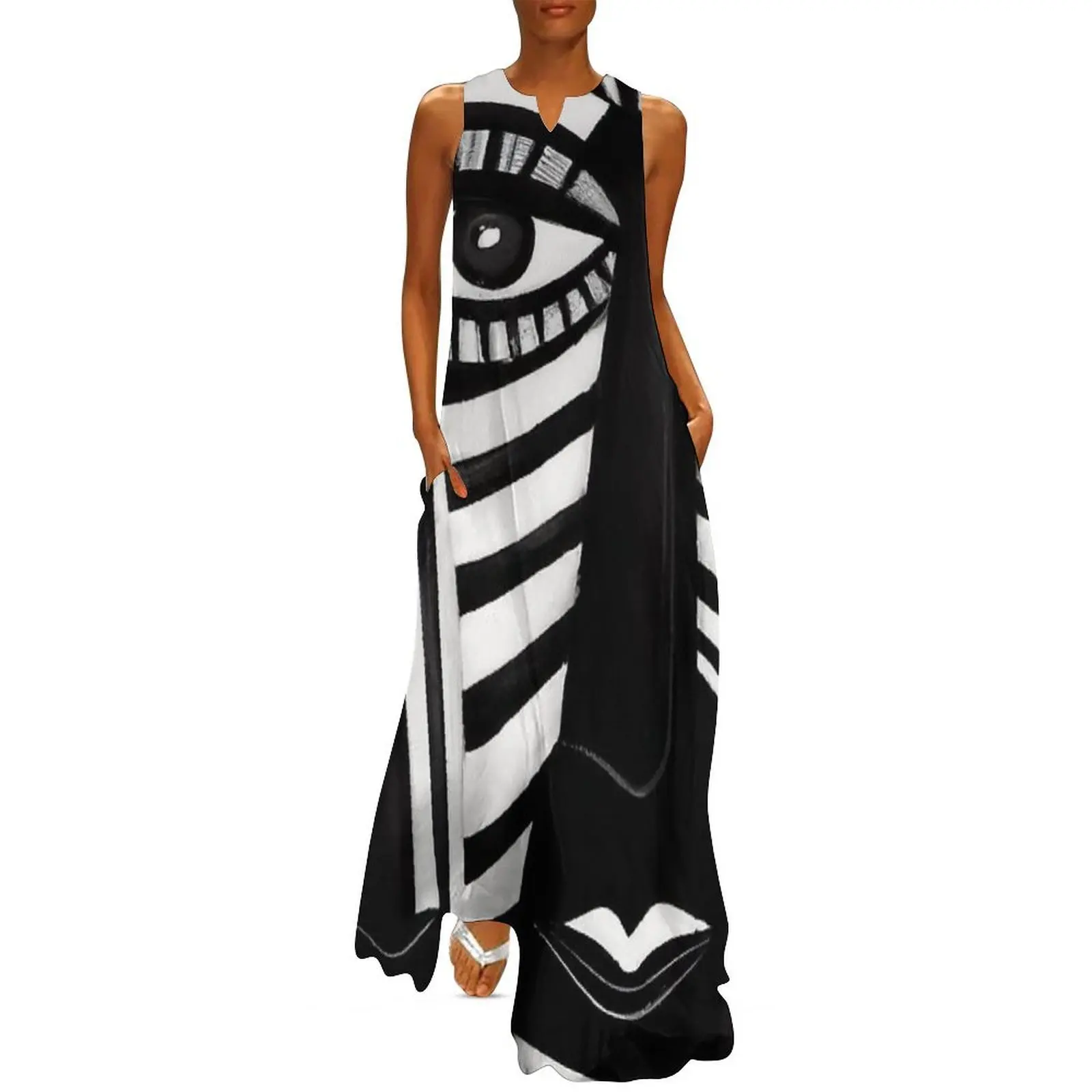

Black and White Abstract Faces - Stripes - High Contrast Expressionism Long Dress dresses women summer 2025