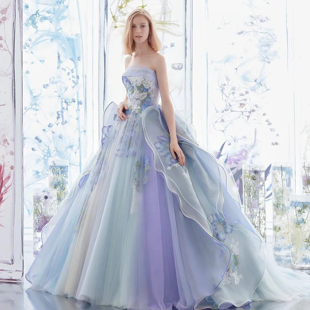 

Luxury Colorful Strapless Organza Evening Dresses Sleeveless Floor Length Special Event Appliques Sweep Train Ball Gowns