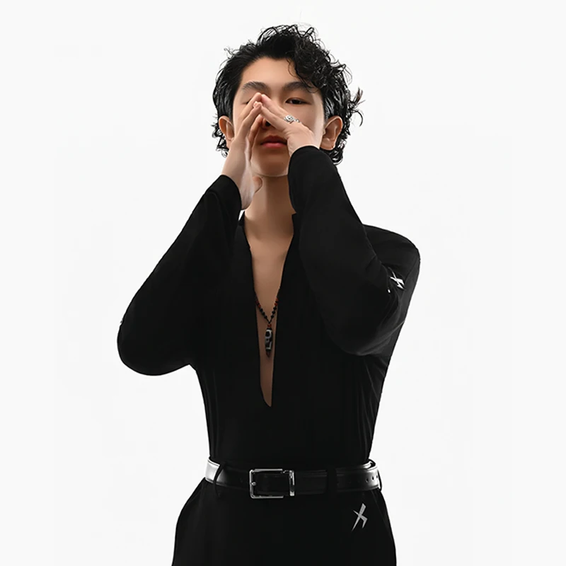 

Мужские черные топы для латинских танцев с глубоким вырезом и длинными рукавами, одежда для тренировок, мужская одежда для румбы, ча-ча-ча, одежда для выступлений в бальных танцах V26282