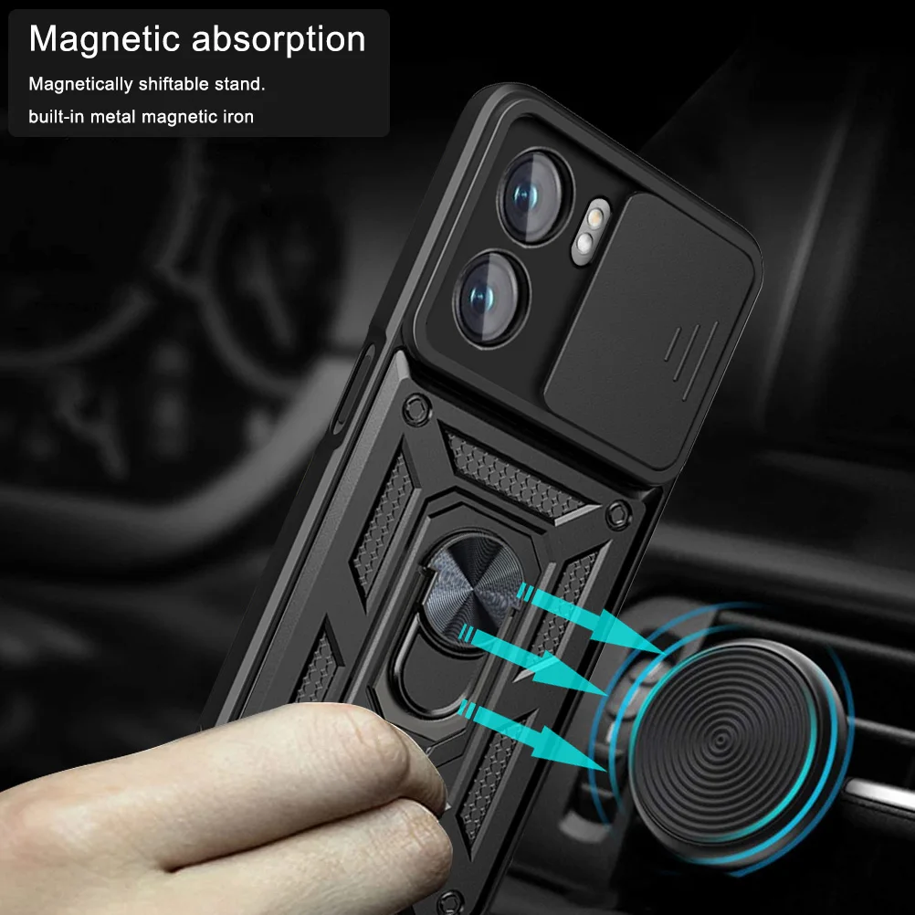 For OPPO A55 A77 4G 5G Case Slide Camera Shockproof Armor For OPPO A52 A53 A54 A58 A57 Car Magnetic Holder Ring Protect Cover