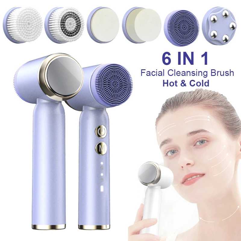 

6 In 1 Hot Cool Ultrasonic Electric Facial Cleansing Brush Blackhead Removal Waterproof Auto Rotating Face Exfoliator Pore Clean