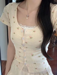 Sweet T Shirt Women Summer Short Sleeve Floral Printed Crop Top Korean Fashion Casual Slim Y2k Tees Lace Trim Button Camisetas