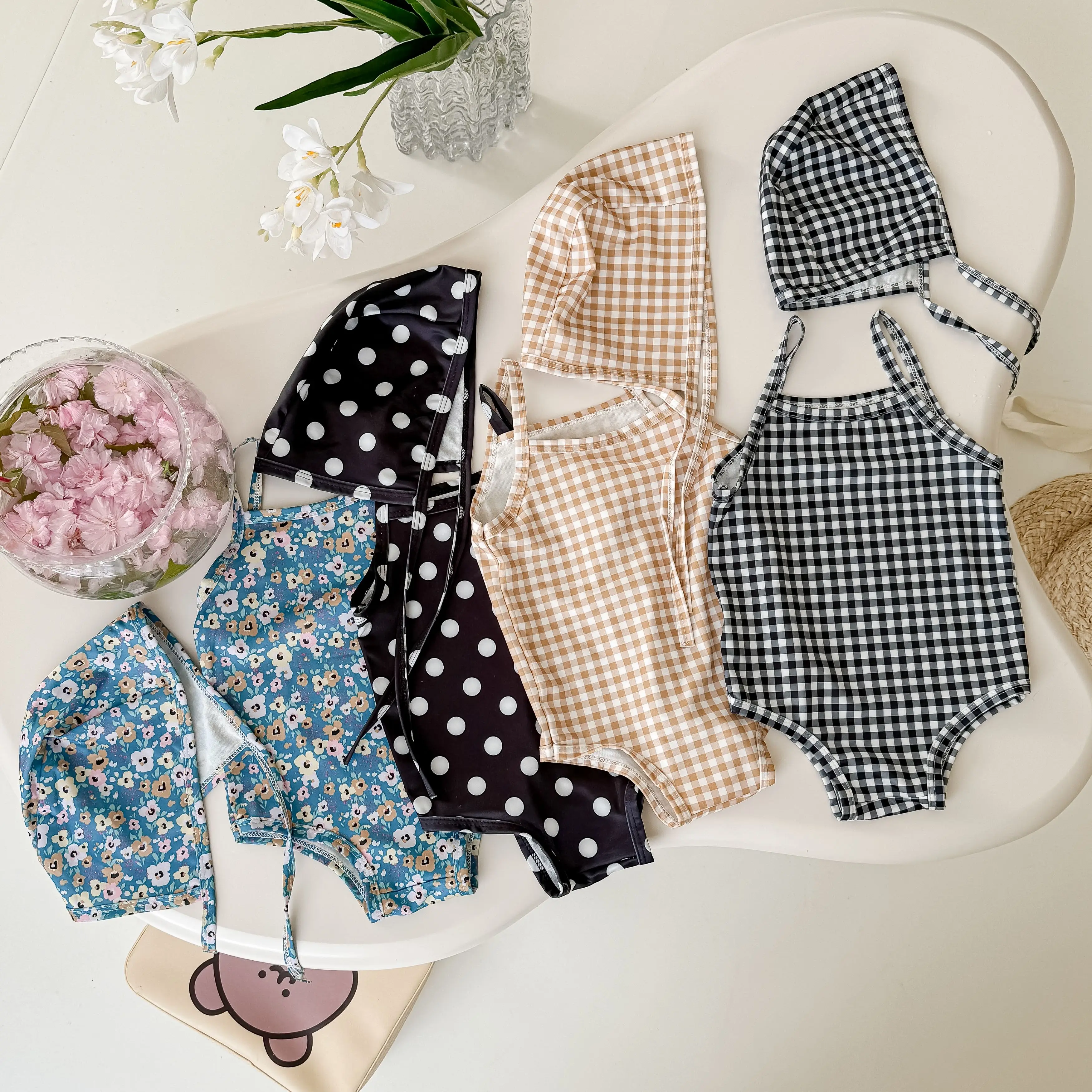 Summer new baby camisole with floral plaid print one piece triangular swimsuit and hat