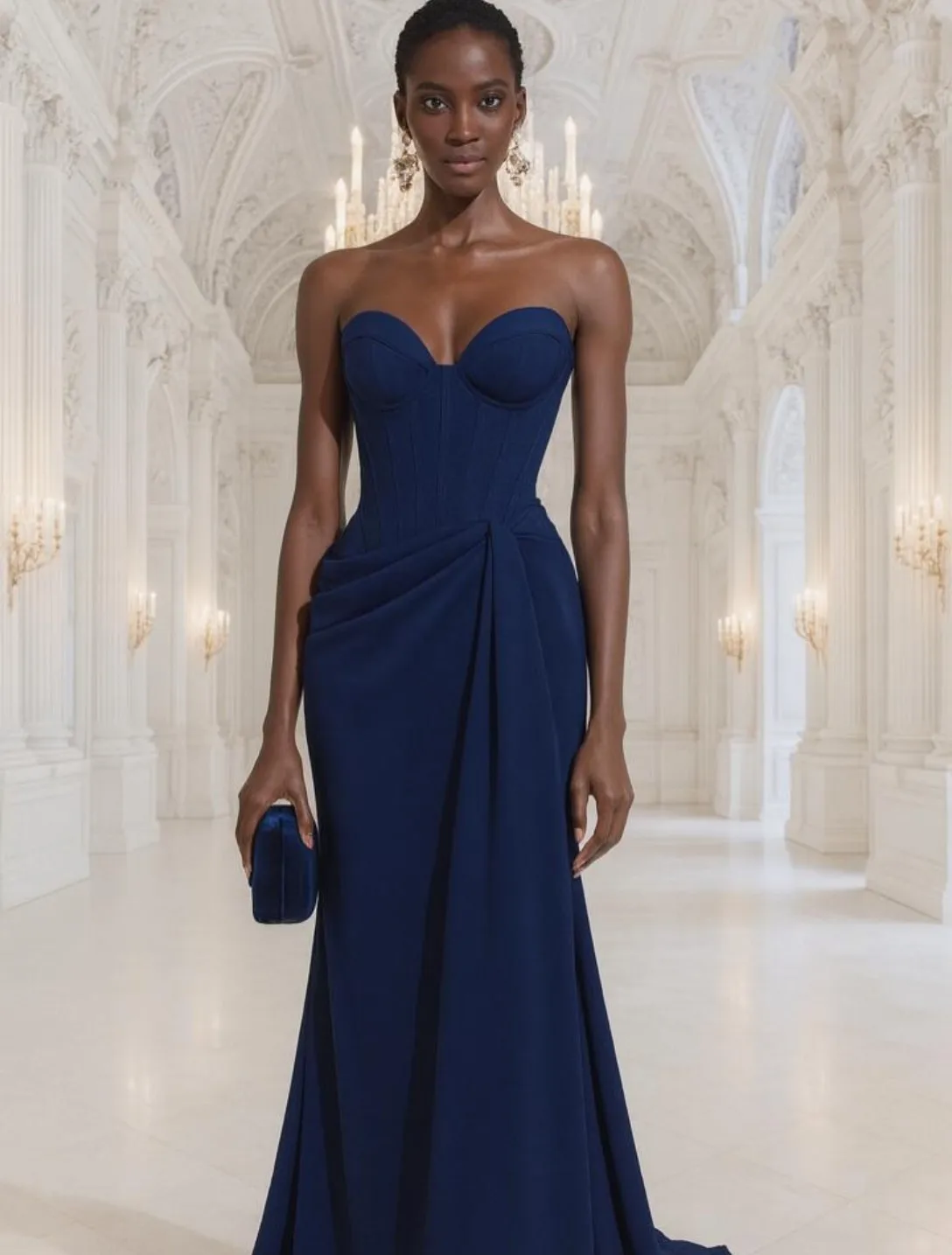 Aangepaste Lange V-hals Avondjurken Zeemeermin Crêpe Geplooid فسات Bravo Mohamedة Watteau Trein Galajurk voor Vrouwen