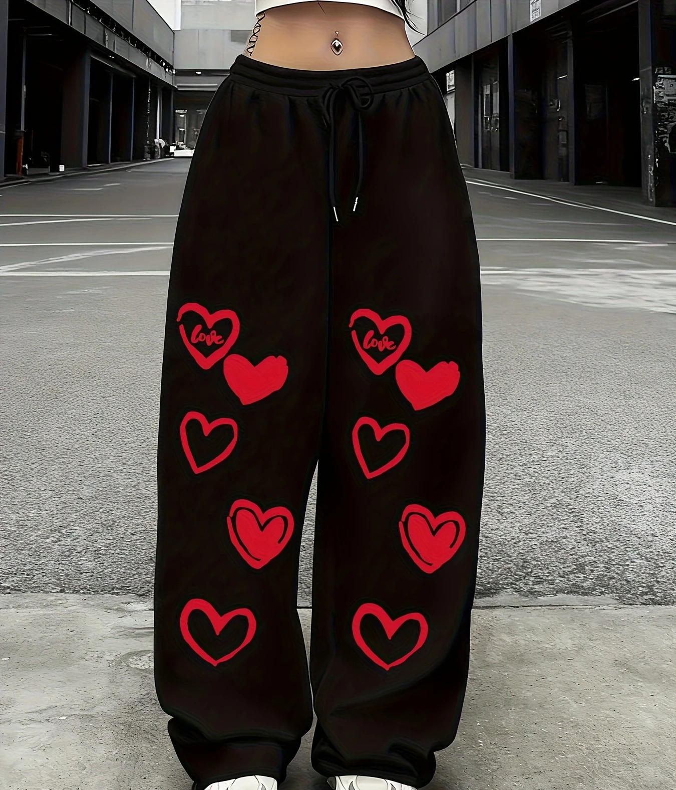 

Red Heart Print Casual Sports Pants with Drawstring Elastic Waist, American Style Trendy Straight-Leg Trousers for Women