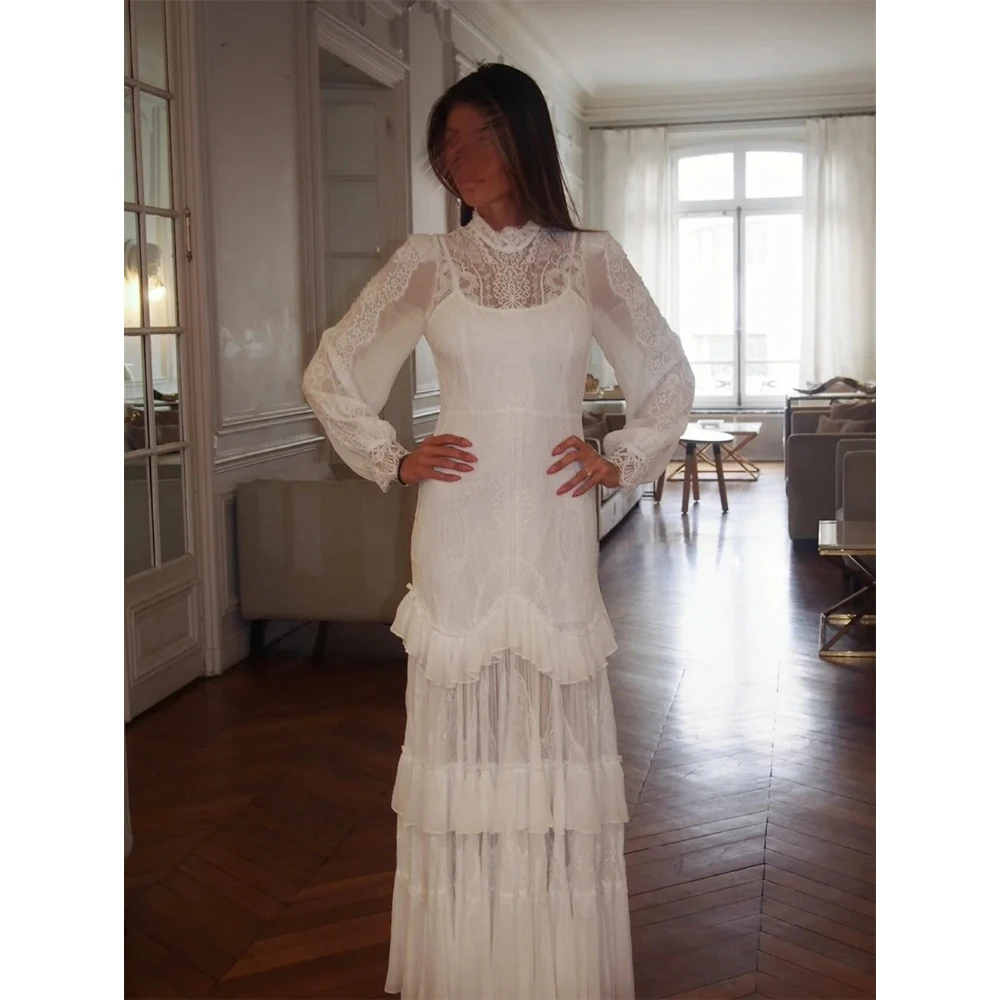 

Elegant Saudi Evening Dress High Neck Long Sleeves Lace A Line Prom Gowns Pleat Chiffon Tiered Party Dresses Customized