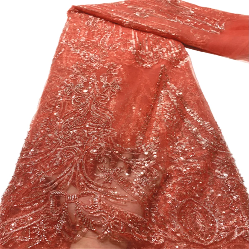 

African Handmade Beaded Lace Fabric 2022 High Quality Lace Nigerian French Tulle Lace Fabric For Party Dress Sewing