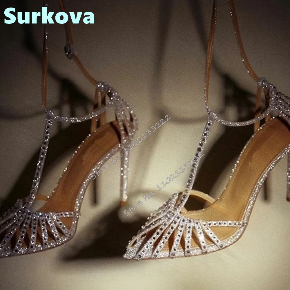 Rhinestone Pointed Toe sandały Hollow z wystającym palcem Bling buty na cienkich wysokich obcasach stałe szpilki moda lato kobiet buty Party Hot